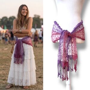 NWT Simply Noelle Boho Lace Scarf Wrap Ombre Purple Pink Floral 9.5” x 60”